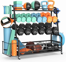 XL Dumbbell Rack Weight Stand - Adjustable Weight Rack for Dumbbells, Home Gym Storage Rack for Kettlebell, Balls,Yoga Mat Storage Holder, Workout Equipment Storage Organizer With Wheels