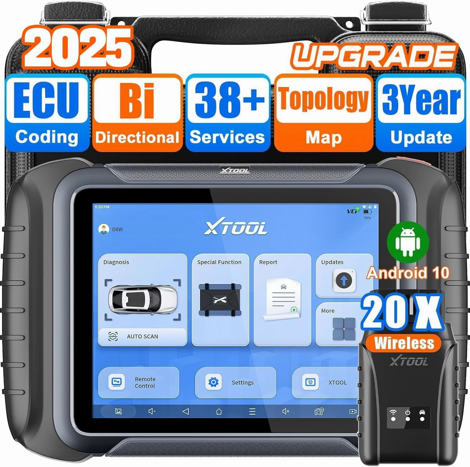 XTOOL D8W Wireless Bidirectional Scan Tool, 2025 OBD2 Scanner with Topology, FCA AutoAuth, 3-Year Updates, ECU Coding, PMI, 38  Resets, Full Diagnostic Scanner for Car, Crankshaft Relearn, CAN FD/DoIP