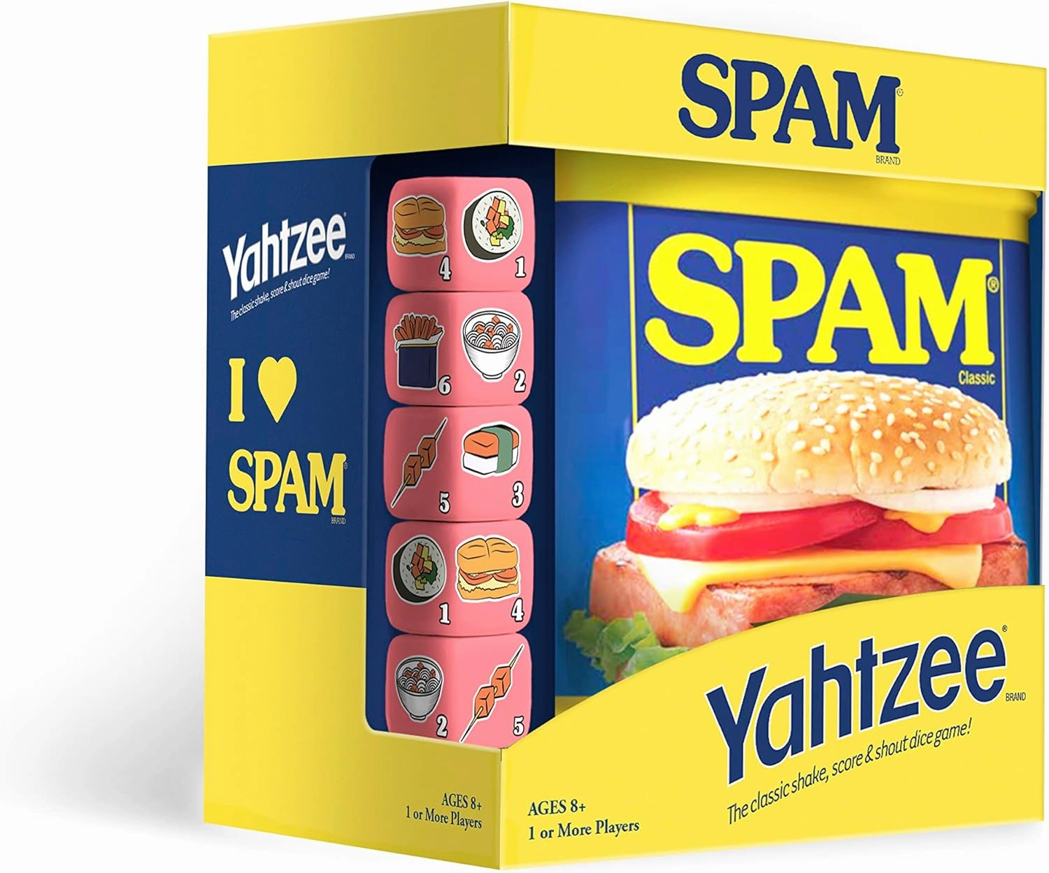 YAHTZEE Spam Brand | Collectible Yahtzee Game as Iconic Spam Can with Custom Dice | Dice Featuring Fried Spam, Spam Musubi, Spam Fries | Travel Yahtzee Game & Dice Game