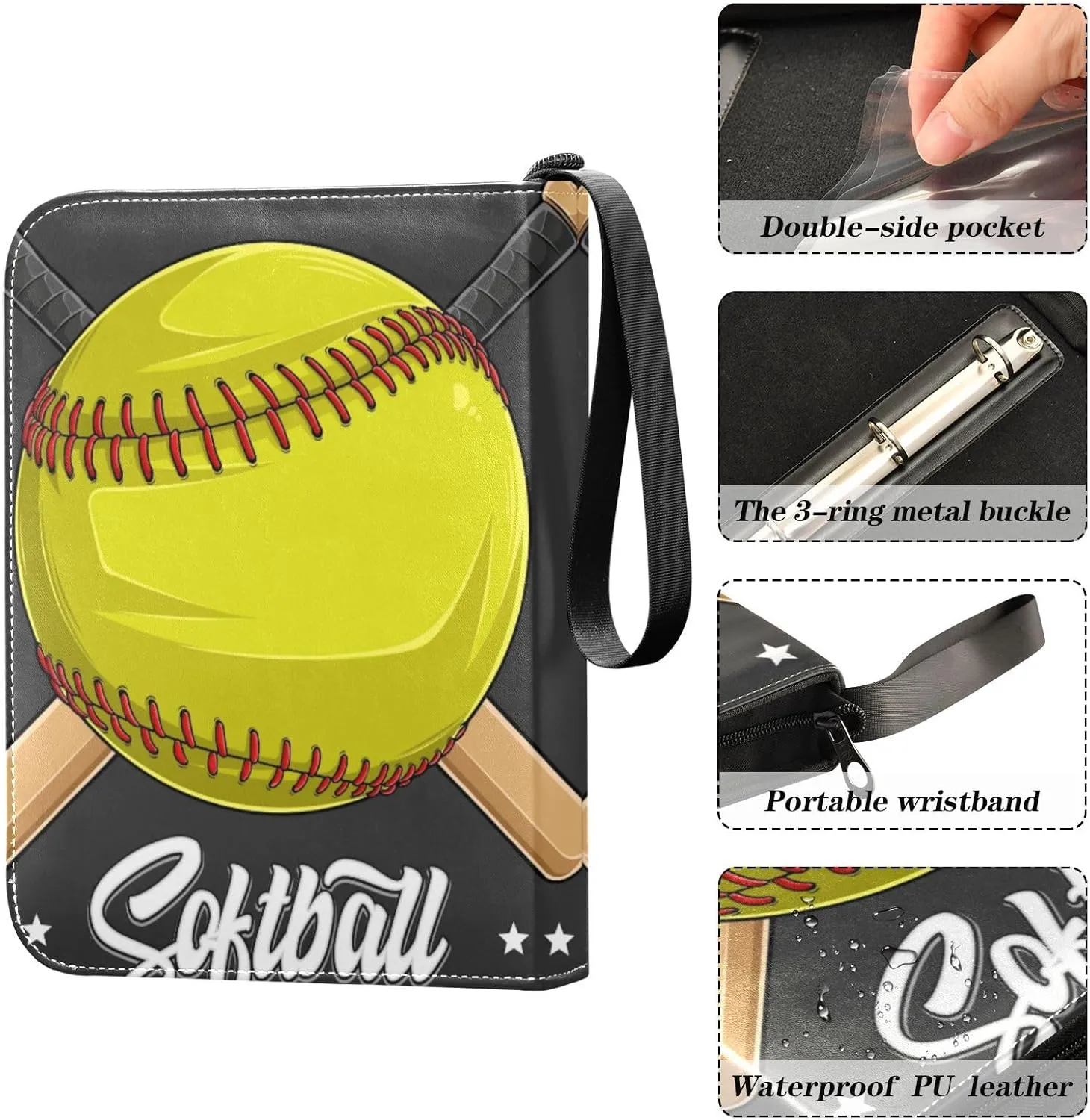 Yellow Baseball Softball Ball Card Binder for Trading Cards, 4 Pocket with 50 Sleeves up to 400 Cards, Double Sided Pockets Card Holder Carry Case for Baseball Card, Football Card, Gaming Cards