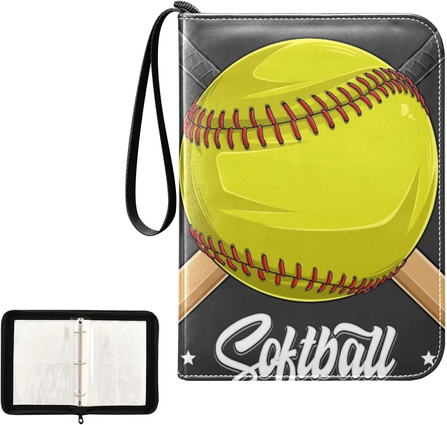 Yellow Baseball Softball Ball Card Binder for Trading Cards, 4 Pocket with 50 Sleeves up to 400 Cards, Double Sided Pockets Card Holder Carry Case for Baseball Card, Football Card, Gaming Cards