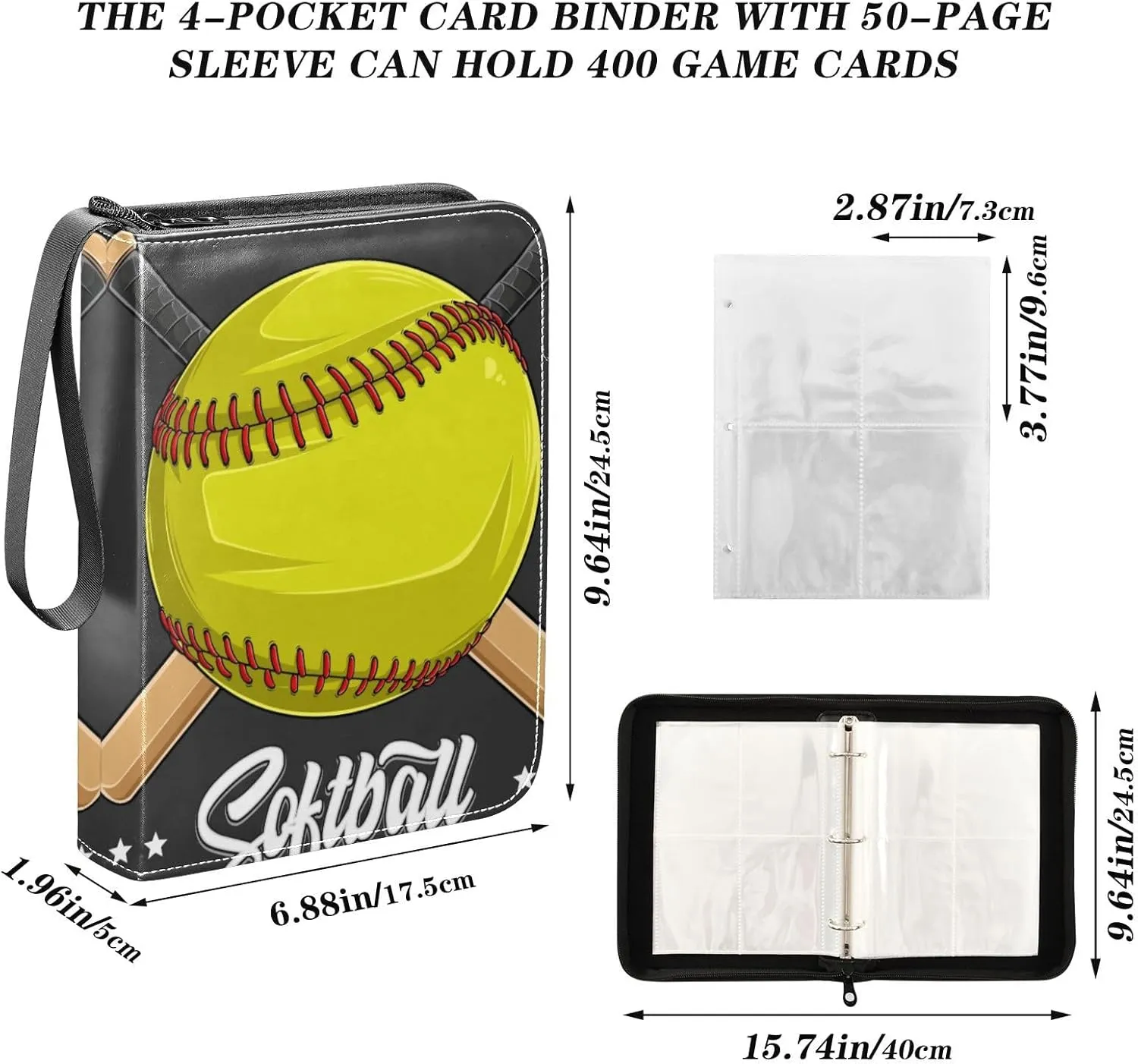 Yellow Baseball Softball Ball Card Binder for Trading Cards, 4 Pocket with 50 Sleeves up to 400 Cards, Double Sided Pockets Card Holder Carry Case for Baseball Card, Football Card, Gaming Cards
