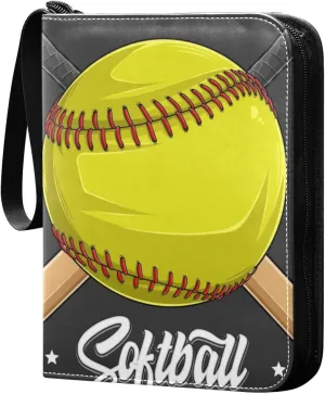 Yellow Baseball Softball Ball Card Binder for Trading Cards, 4 Pocket with 50 Sleeves up to 400 Cards, Double Sided Pockets Card Holder Carry Case for Baseball Card, Football Card, Gaming Cards