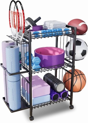 Yoga Mat Storage Rack, Home Gym Organizer Rack Yoga Mat Holder, Workout Storage for Yoga Mat, Gym Equipment Storage Cart with Wheels and Hooks for Home Exercise and Fitness Gear