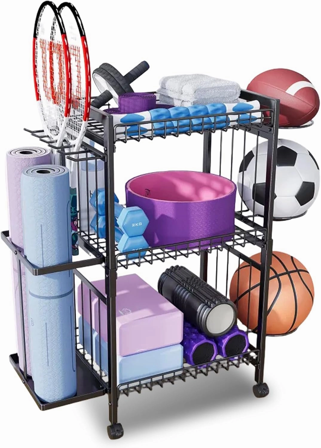 Yoga Mat Storage Rack, Home Gym Organizer Rack Yoga Mat Holder, Workout Storage for Yoga Mat, Gym Equipment Storage Cart with Wheels and Hooks for Home Exercise and Fitness Gear