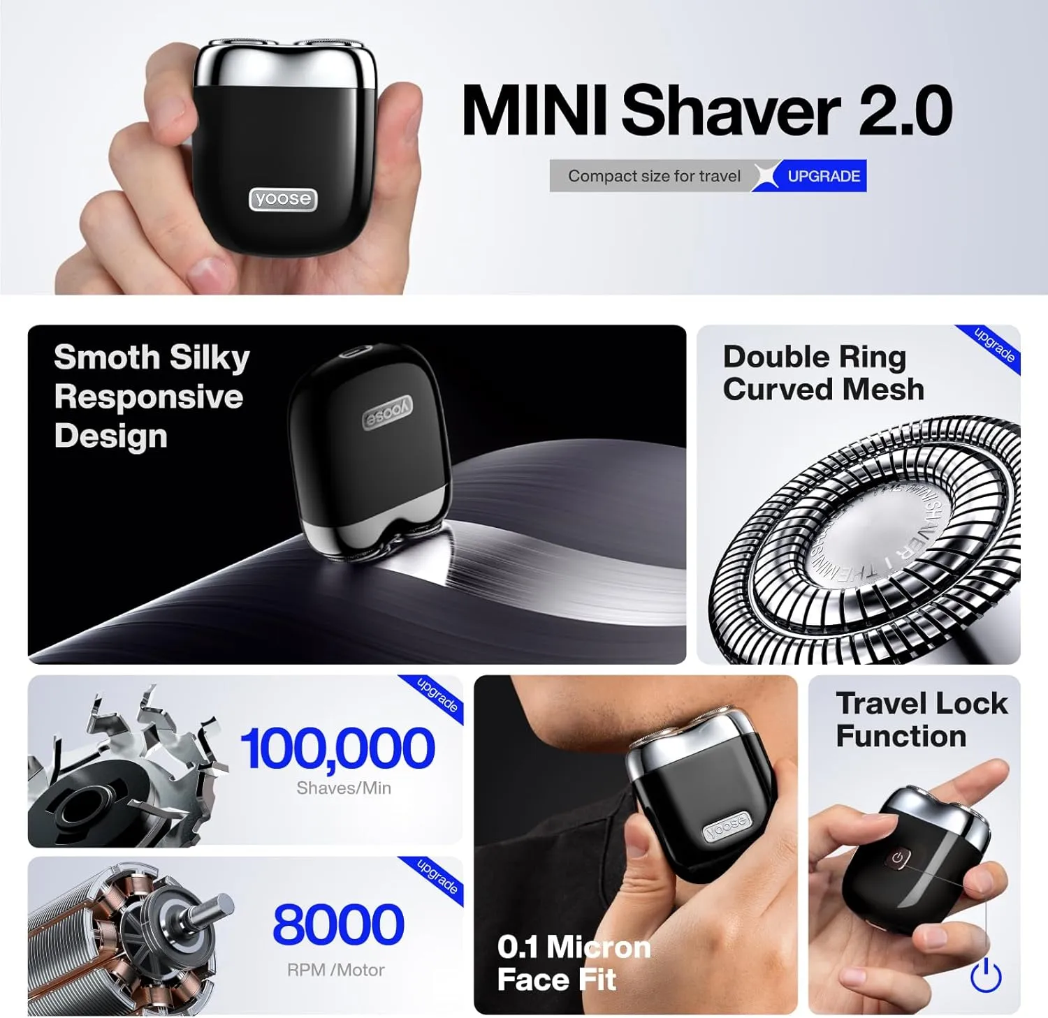 yoose Mini Electric Shaver, Alloy Portable Travel Shavers, Cordless Shaving, USB-C Rechargeable Electric Razor for Men, Dry Shave, IPX7 Waterproof, Detachable Head, Easy Cleaning, Black