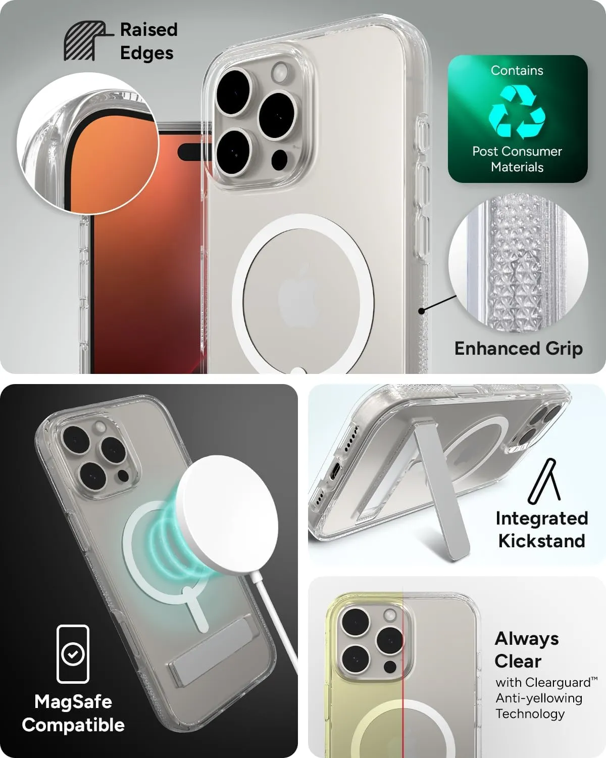 ZAGG Crystal Palace Snap with Kickstand Case for iPhone 16 Pro Max - MagSafe & Wireless Charging Compatible, Survives Drops Up to 13ft, Textured Grip, Eco-Friendly, Clear