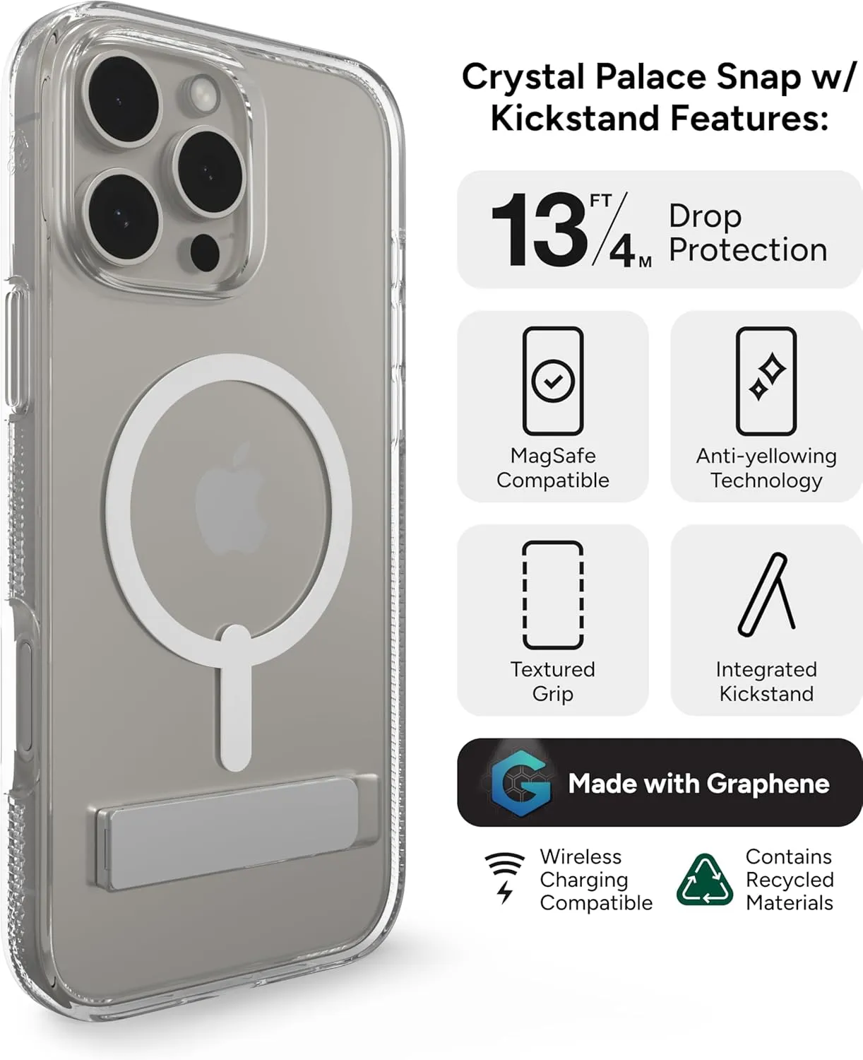 ZAGG Crystal Palace Snap with Kickstand Case for iPhone 16 Pro Max - MagSafe & Wireless Charging Compatible, Survives Drops Up to 13ft, Textured Grip, Eco-Friendly, Clear