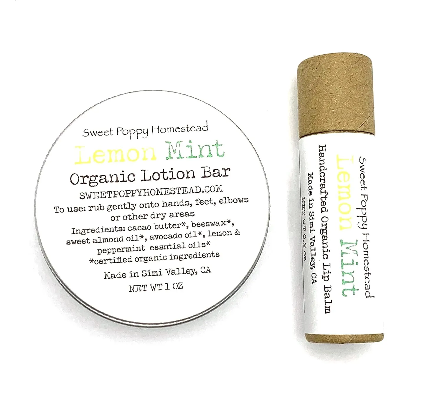 Zero Waste Organic Lemon Mint Scented Solid Lotion Bar & Lip Balm Gift Set | Natural Lotion Bar & Lip Butter Holiday Gift