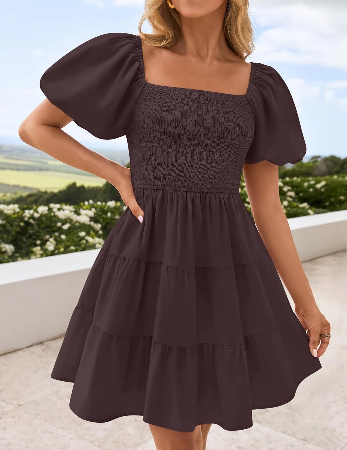 ZESICA Women's Boho 2025 Summer Square Neck Puff Sleeve Off Shoulder Smocked Tiered Casual A Line Short Mini Dress
