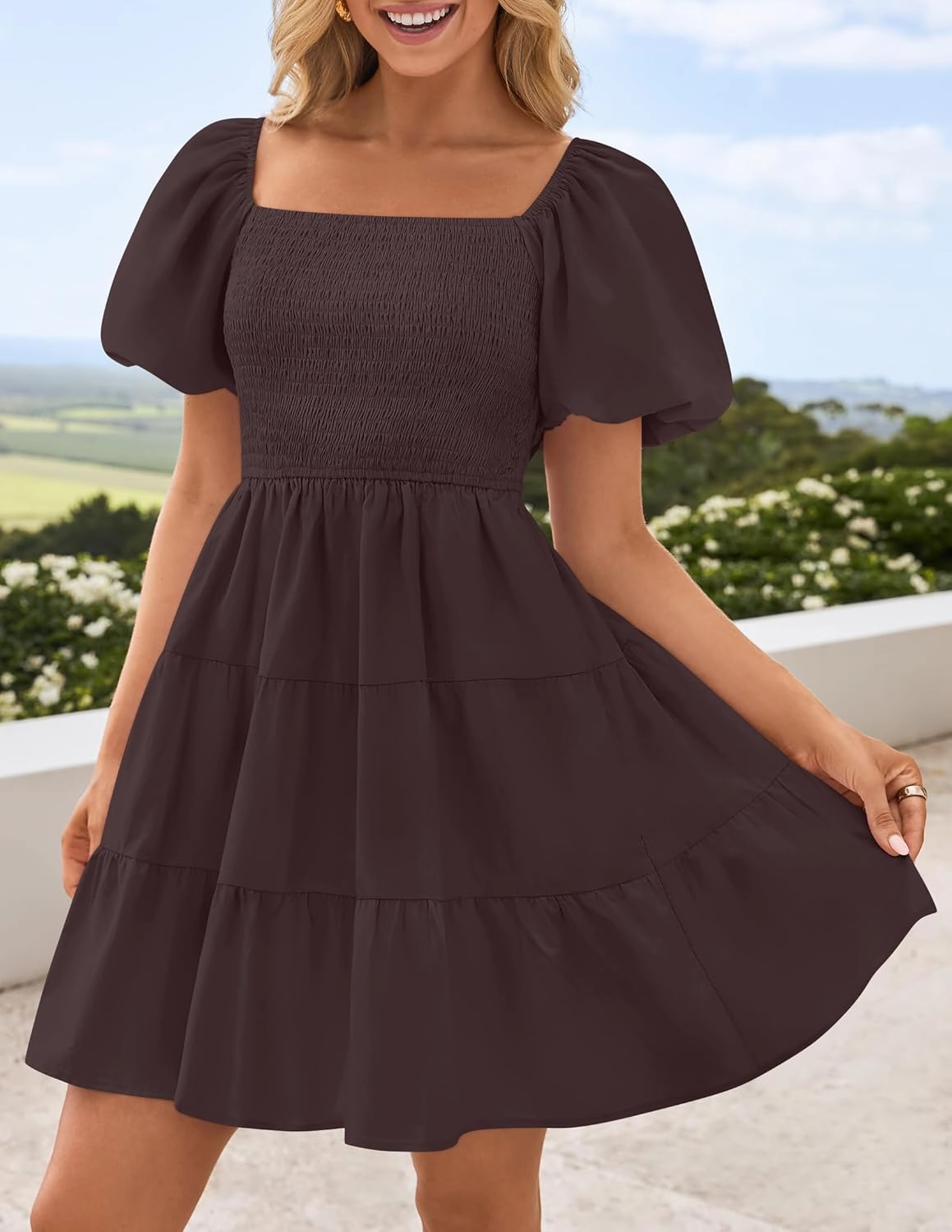 ZESICA Women's Boho 2025 Summer Square Neck Puff Sleeve Off Shoulder Smocked Tiered Casual A Line Short Mini Dress
