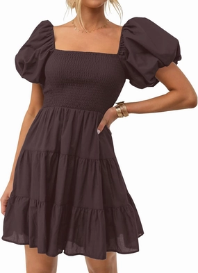 ZESICA Women's Boho 2025 Summer Square Neck Puff Sleeve Off Shoulder Smocked Tiered Casual A Line Short Mini Dress