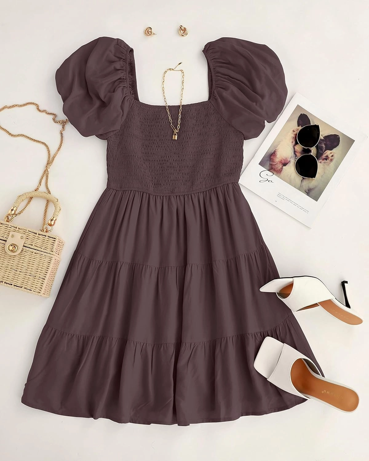 ZESICA Women's Boho 2025 Summer Square Neck Puff Sleeve Off Shoulder Smocked Tiered Casual A Line Short Mini Dress