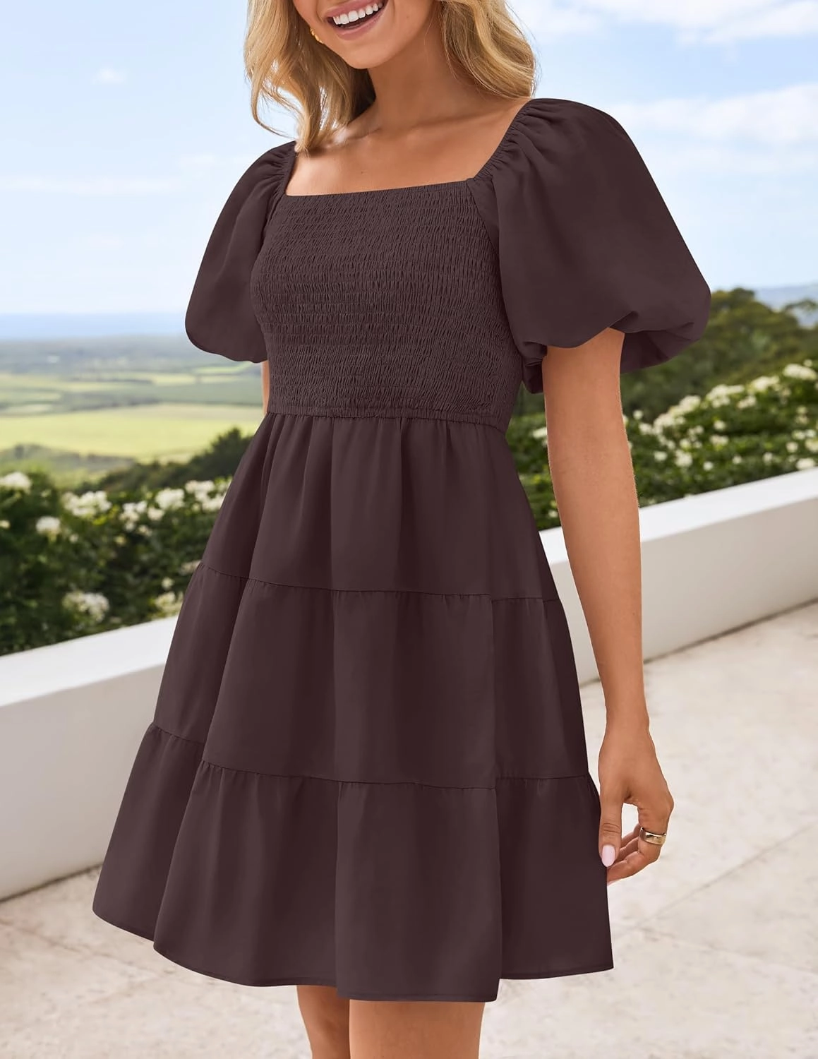 ZESICA Women's Boho 2025 Summer Square Neck Puff Sleeve Off Shoulder Smocked Tiered Casual A Line Short Mini Dress