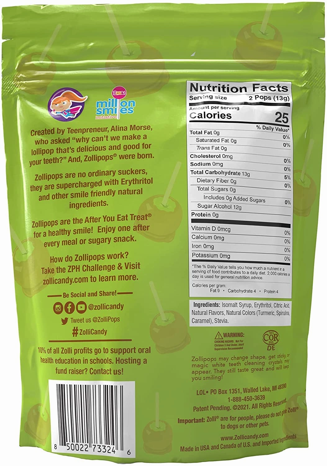 Zollipops Caramel & Green Apple, 10.4oz, Sugar-free, Allergy-free, Vegan, KETO & Diabetic Friendly, Clean Teeth Candy